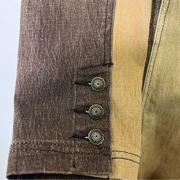 Vintage 90s Two Tone Denim Trench Coat Colorblock Boho Indie Longline Jacket - Picture 9 of 10